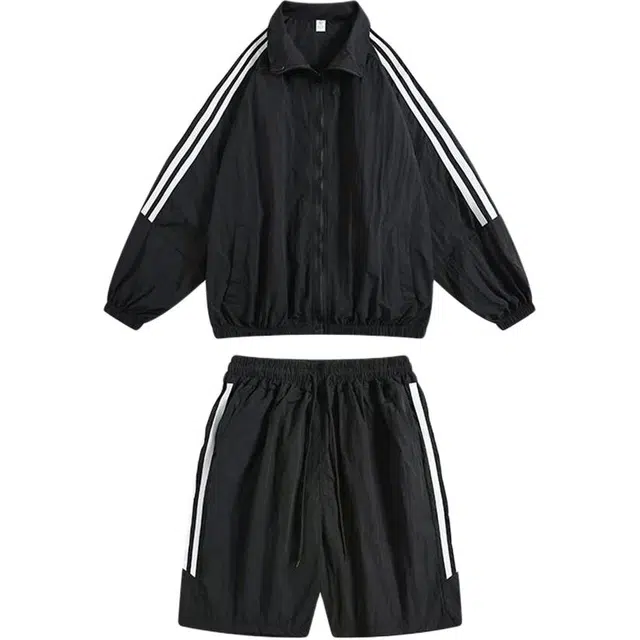 地界二 拼接条纹长袖翻领夹克短裤休闲运动套装 男款