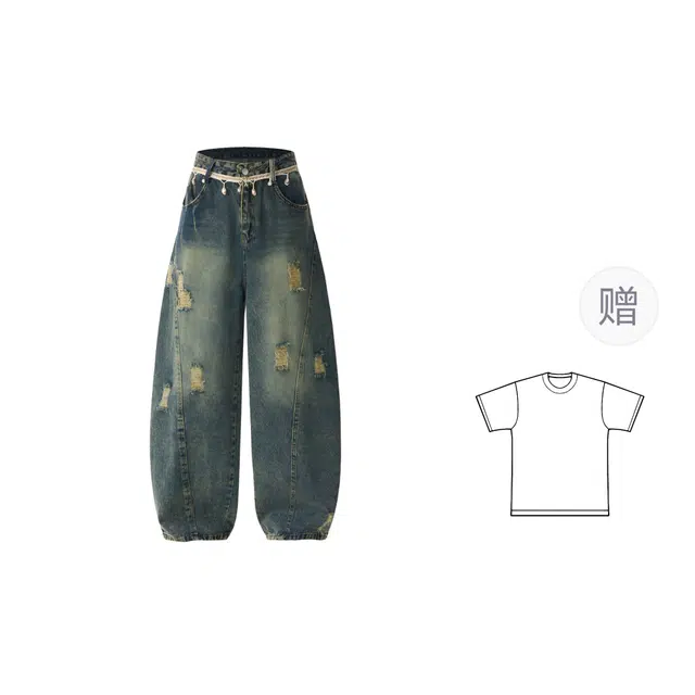 华夏儿女 高品质重磅美式解构水洗破洞弯刀廓形珍珠腰链设计街舞酷飒女孩宽松休闲舒适百搭牛仔裤 女款