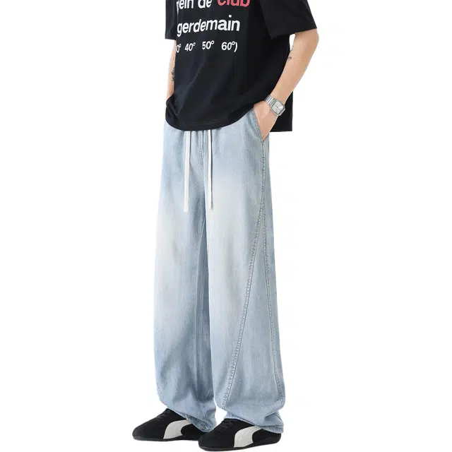 瑞梵帝斯 美式复古松紧破骨拼接风格凉感透气休闲经典遮胯显瘦舒适柔软垂感日常通勤宽松直筒高腰时尚裤牛仔裤 男款