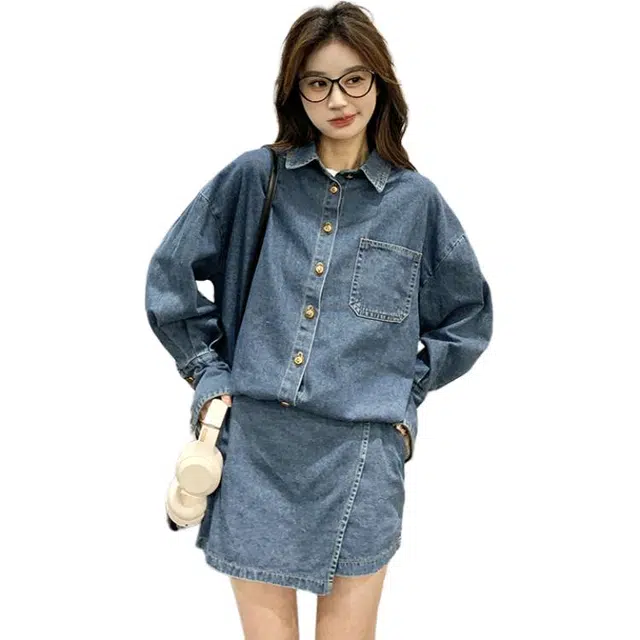 稻草人 复古时尚牛仔半身裙衬衫两件套裙装套装 女款