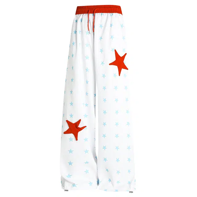 地界二 星星印花撞色休闲裤夏季潮牌街舞嘻哈阔腿痞帅直筒长裤潮牛仔裤 男款