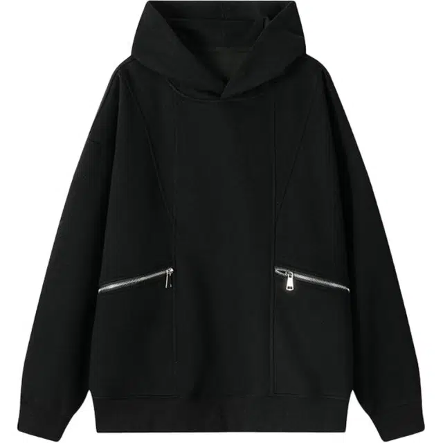 零氏 纯色连帽落肩宽松抗皱烫解构分割拉链口袋卫衣外套 男女同款