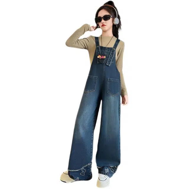 木木兔休闲运动套装 青春潮流时尚女大童秋季学生 复古牛仔背带裤两件套 宽松舒适百搭 时髦洋气