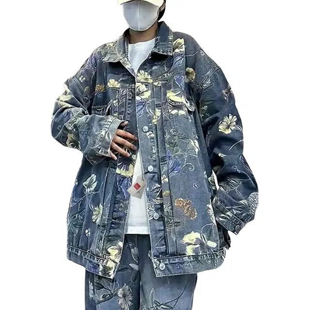 北极绒 美式复古印花潮牌高街宽松牛仔外套 男款