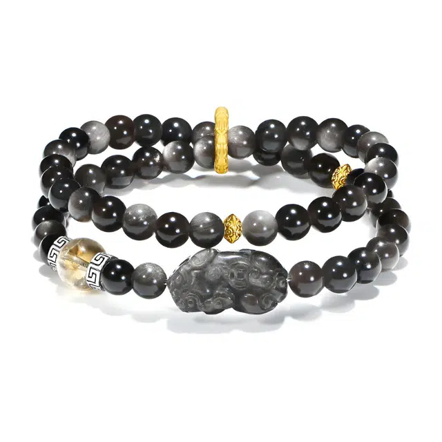 【普陀山官方已过香】 普陀山文创 吞金貔貅国潮招财纳福银曜石金榜题名水逆散新中式八方来财复古小众#好运 黑曜石 手串 男女同款情侣款