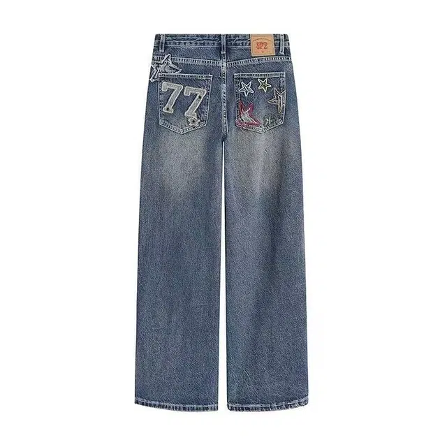 艾梵斯贝 美式复古潮流星星字母贴布刺绣小众设计款无性别主义高街风日常通勤百搭高级感宽松直筒拖地休闲牛仔裤 男女同款
