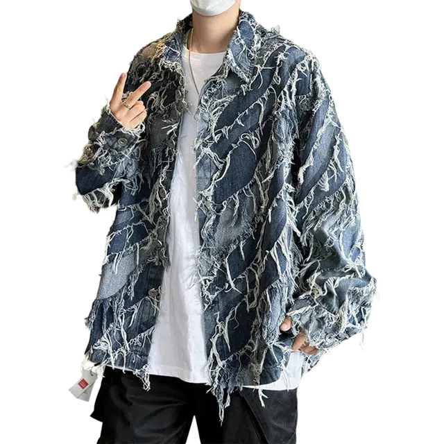 北极绒 洗水流苏毛边潮牌痞帅秋季宽松美式牛仔外套 男款