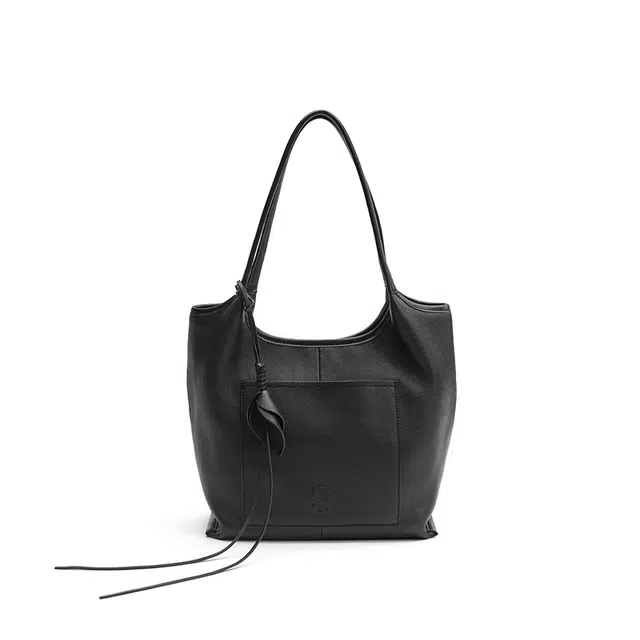 西木汀 小众设计高级感通勤百搭简约时尚托特包 牛皮 手提单肩包 大号 女款 深邃黑/米灰色