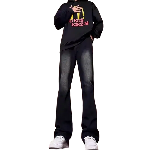 一碗士多 水洗做旧渐变磨白潮流美式复古显高显瘦日常百搭休闲拉链弯刀裤痞帅重磅高街设计感牛仔裤 男女同款