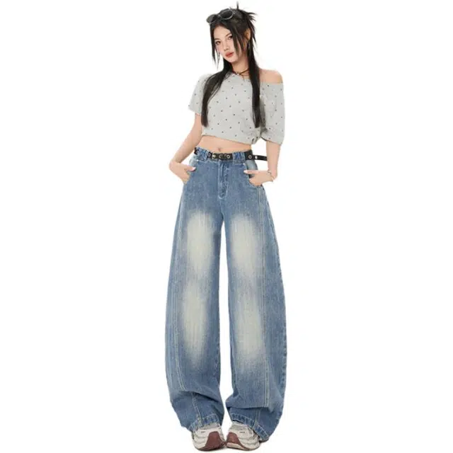 淑好百 宽松香蕉裤设计感高腰牛仔裤 女款