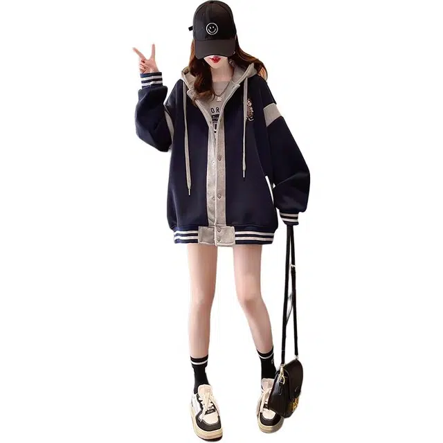 沐晓欣 大码女装春秋设计感插色薄款连帽拉链开衫外套潮卫衣 女款