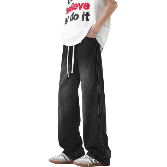 瑞梵帝斯 美式简约日常通勤宽松莱赛尔面料高街潮流休闲复古垂感显高水洗做旧阔腿百搭抽绳腰头侧骨绳子设计直筒裤牛仔裤 男款