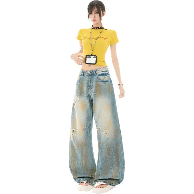 极限涡轮 美式复古街头做旧脏染废土风阔腿弯刀宽松拖地牛仔裤 男女同款