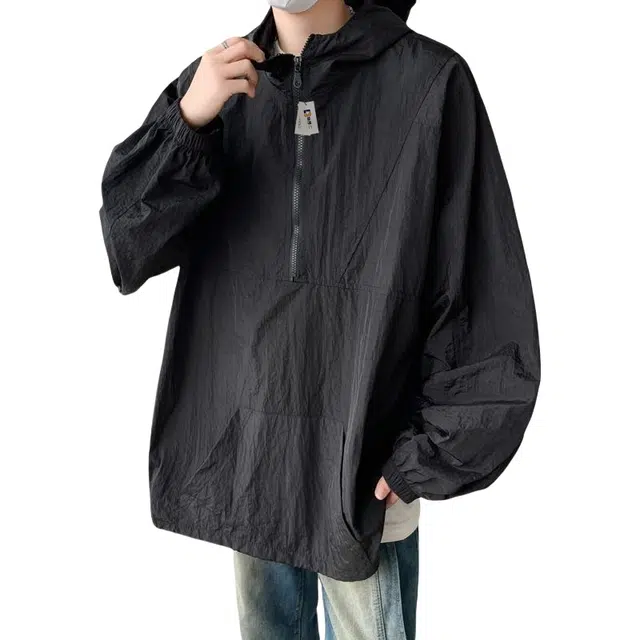 地界二 潮牌纯色工装拉链连帽衣外套男夏季韩版潮流宽松百搭纯色工装拉链收口袖宽松型潮夹克 男款