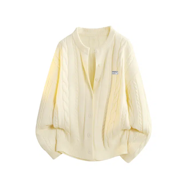 吾皇猫 老钱风复古麻花肌理感慵懒软糯宽松百搭开衫休闲圆领单排扣长袖外套毛衣针织衫 男女同款