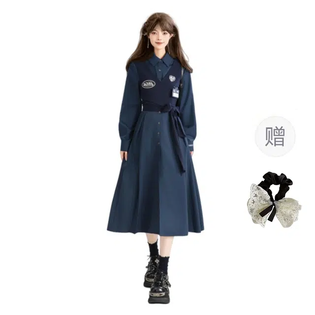 涂诗菲 大码韩式高知风假两件系带收腰显瘦长袖连衣裙 女款