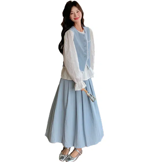 稻草人 法式慵懒风三件套蕾丝花边拼接气质显瘦裙装套装 女款