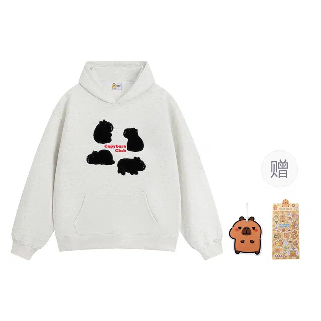 卡皮巴拉小黄豚 美式高街重工艺趣味毛绒贴布刺绣重磅宽松休闲高级设计街头嘻哈潮流百搭复古风连帽套头学生基础款长袖卫衣 男女同款