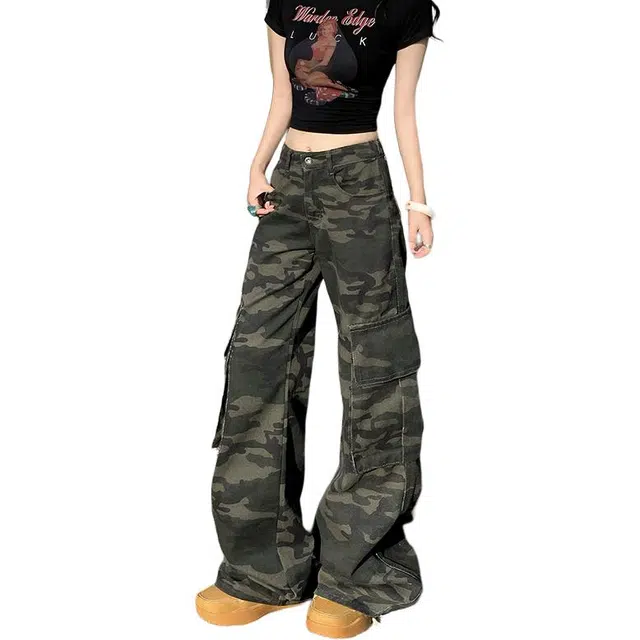 极限涡轮 美式高街休闲百搭微喇迷彩工装裤牛仔裤 男女同款
