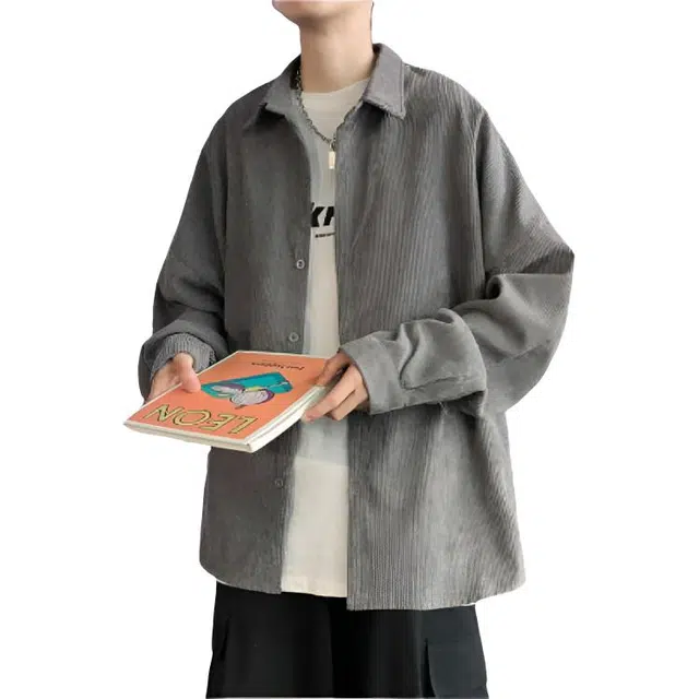 地界二 痞帅宽松复古百搭纯色长袖衬衫 男款
