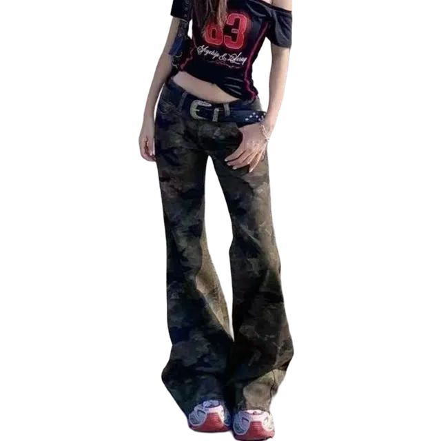 一碗士多 迷彩微喇水洗做旧小众潮流美式高街垂感好不贴腿日常休闲百搭显瘦显高拖地裤修身松弛感牛仔裤 男女同款