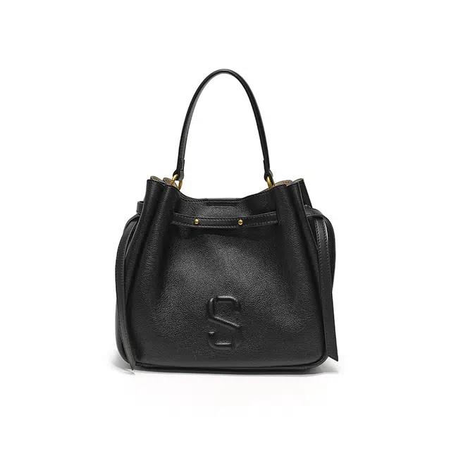 西木汀 小众设计高级感简约百搭通勤时尚水桶包 牛皮 斜挎单肩包 中号 女款 深邃黑 焦糖棕 米灰色