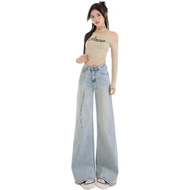 淑好百 弹力宽松阔腿休闲高腰牛仔裤 女款