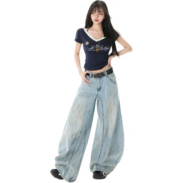 极限涡轮 美式高街浅色复古弯刀阔腿高腰显瘦百搭镰刀牛仔裤 男女同款