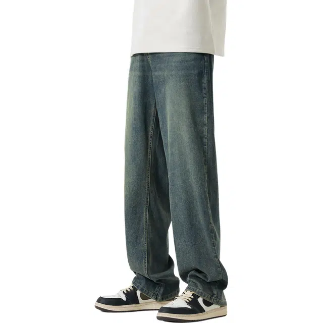 瑞梵帝斯 莱赛尔天丝薄款美式潮牌高街复古水洗做旧抽绳宽松长裤百搭舒适凉感透气垂感重磅纽扣中腰拖地休闲直筒牛仔裤 男款