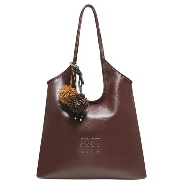 百思图 轻便简约风格百搭时尚外观通勤 人造革 单肩包 大号 女款 酒红色/棕色