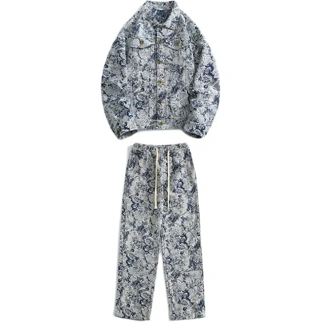 地界二 提花牛仔美式小众重工创意痞帅高街外套长裤休闲运动套装 男款