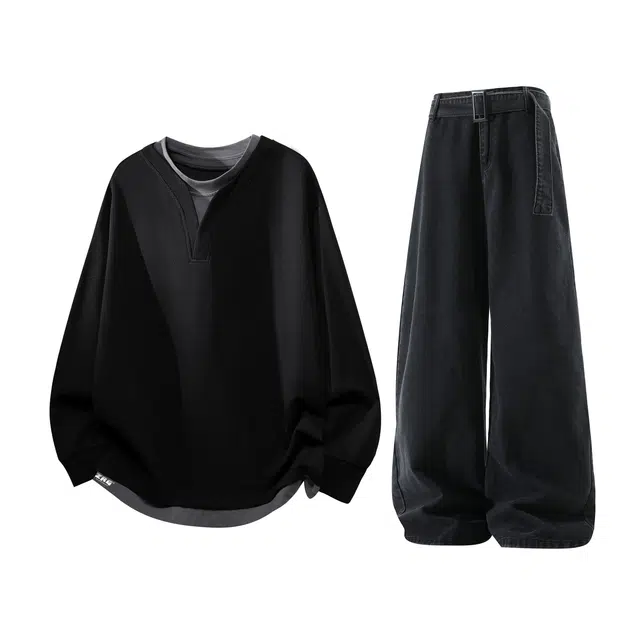 梓润格 时尚简约美式复古无性别主义户外运动高街假两件华夫格高级氛围感设计感舒适酷飒宽松圆领潮流日系休闲百搭潮牌卫衣套装 男女同款