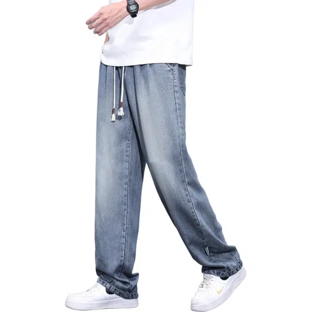 瑞梵帝斯 莱赛尔直筒宽松垂感裤子美式复古风高街休闲水洗潮牌百搭通勤凉感薄款柔软亲肤透气高腰长裤牛仔裤 男款