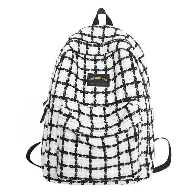泰格奴 开学书包美式格子通勤高级潮流大容量高颜值女高中生大学生上课美式背包 棉麻 双肩包 男女同款情侣款 白色/黑色