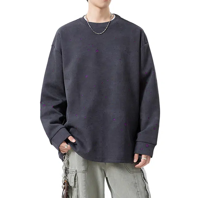 冈哉 纯色简约基础款撞色喷漆破洞圆领设计美式潮流宽松休闲百搭舒适柔软亲肤卫衣 男女同款