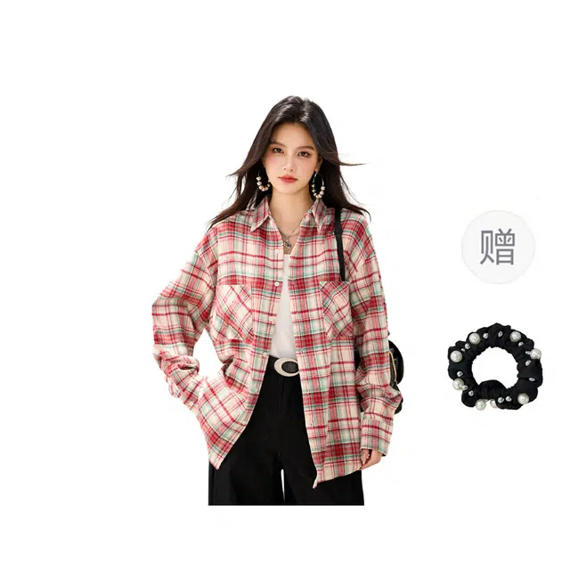 雾闪闪 美式复古翻领拼色格荃棉衬衣衬衫 女款