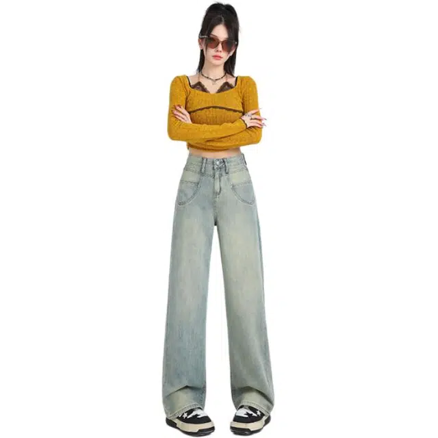 淑好百 复古阔腿口袋设计高腰牛仔裤 女款