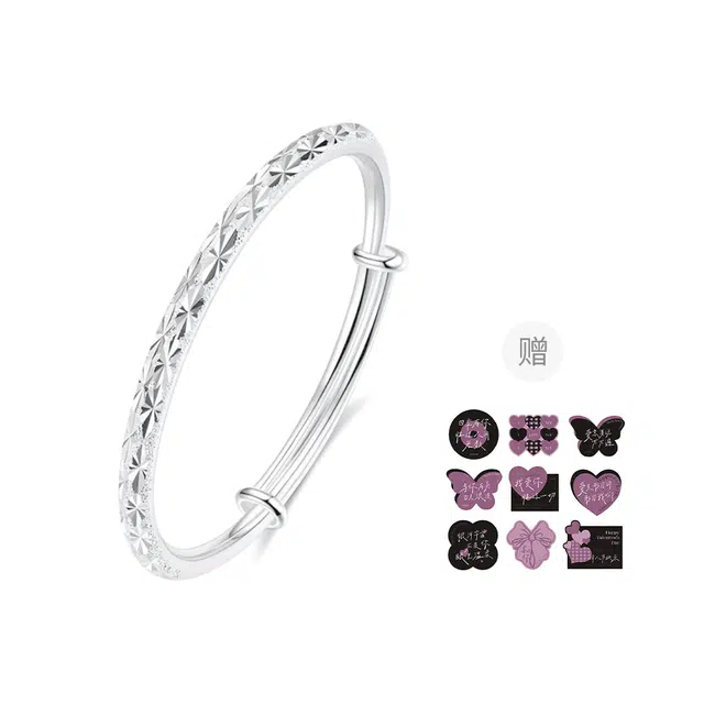 【999足银纯银 满天星/浪漫7夕卡片】 福韵金 六桂福珠宝 新中式国风轻奢精致小众设计高级感素圈实心推拉可调节百搭 银 手镯 女款