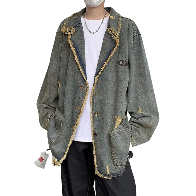 北极绒 做旧毛边破洞西装领春秋宽松水洗复古风牛仔外套 男款