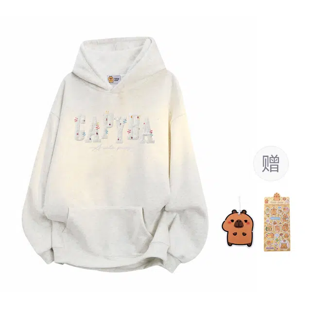 卡皮巴拉小黄豚 美式复古重磅棉重工艺小香风字母彩点三色贴布刺绣潮流重磅高街嘻哈连帽套头百搭宽松慵懒风高级感舒适学生基础款卫衣 男女同款