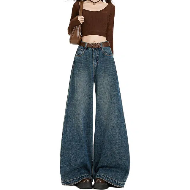 如续 复古高腰阔腿女秋季水洗宽松显瘦垂感休闲大筒拖地长裤牛仔裤 女款