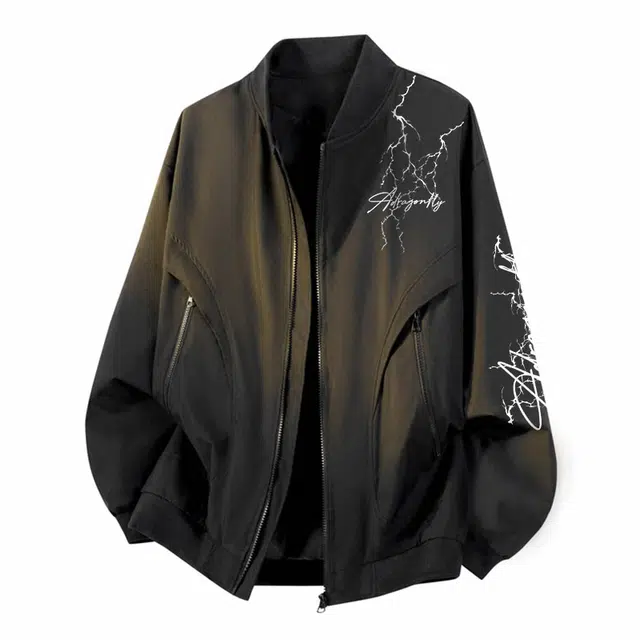 红蜻蜓 美式复古闪电酷炫设计感纯色简约高街防风无性别主义学院风户外通勤宽松休闲飞行员棒球服 夹克外套 男女同款