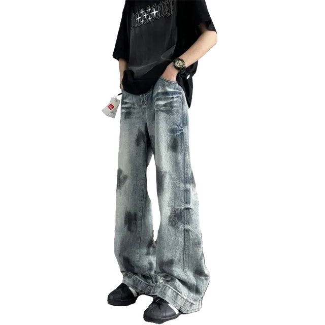 北极绒 美式重工扎染潮牌痞帅宽松阔腿裤复古做旧刮烂破洞微喇裤牛仔裤 男款