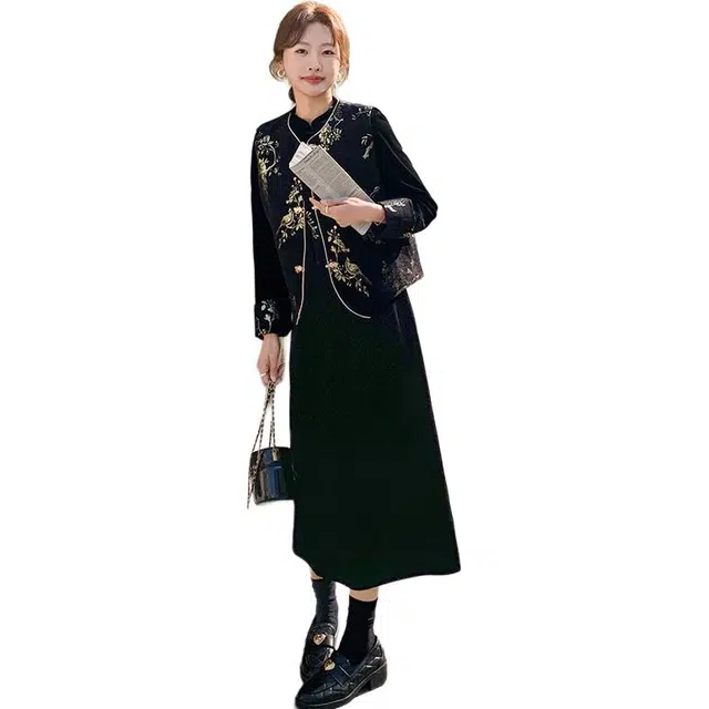 稻草人 新中式国风提花马甲时尚休闲连衣裙两件套裙装套装 女款