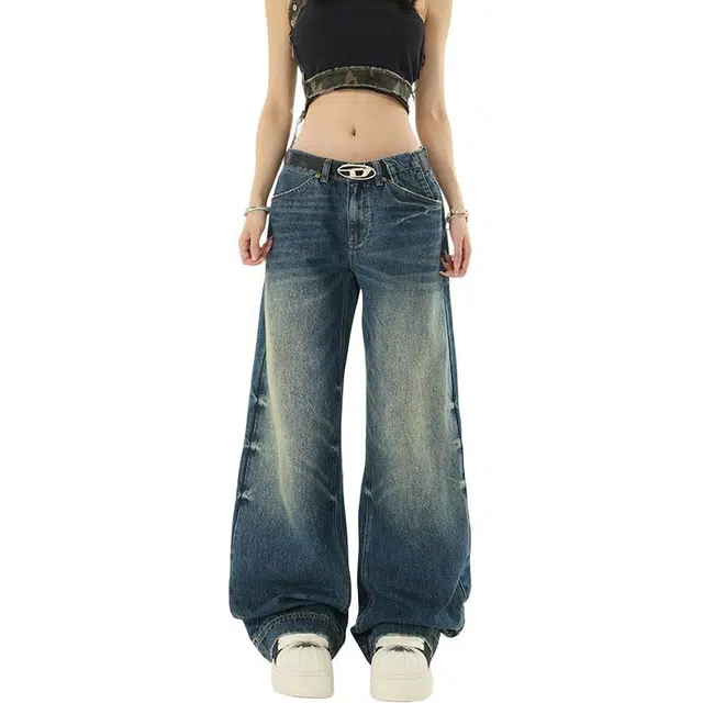 极限涡轮 美式复古高腰直筒水洗做旧牛仔裤 男女同款