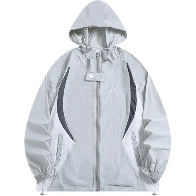 地界二 拼接刺绣连帽衣运动潮牌时尚宽松山系薄款工装夹克衬衫 男款