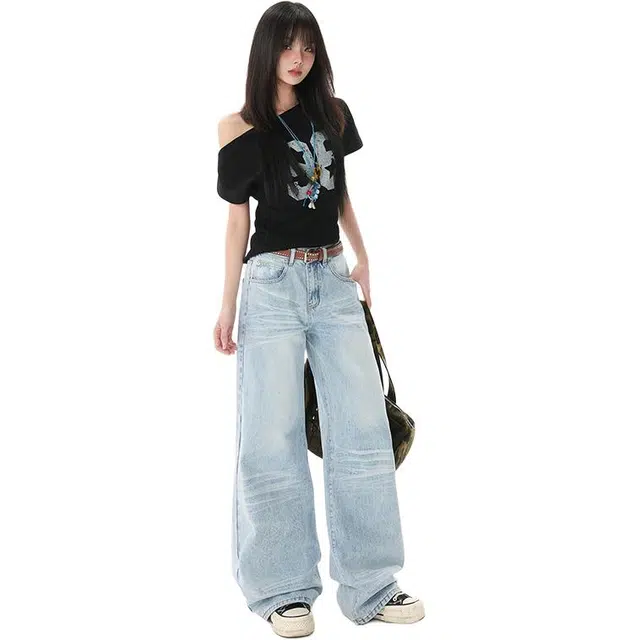 极限涡轮 美式阔腿夏季复古水洗高腰宽松显瘦垂感牛仔裤 男女同款