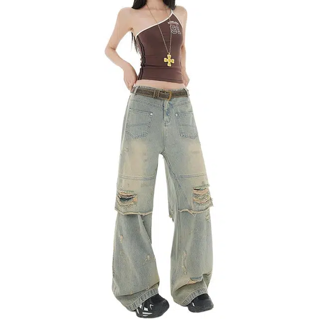 极限涡轮 复古做旧破洞夏季美式高街阔腿直筒显瘦百搭裤子宽松高腰拖地长牛仔裤 男女同款