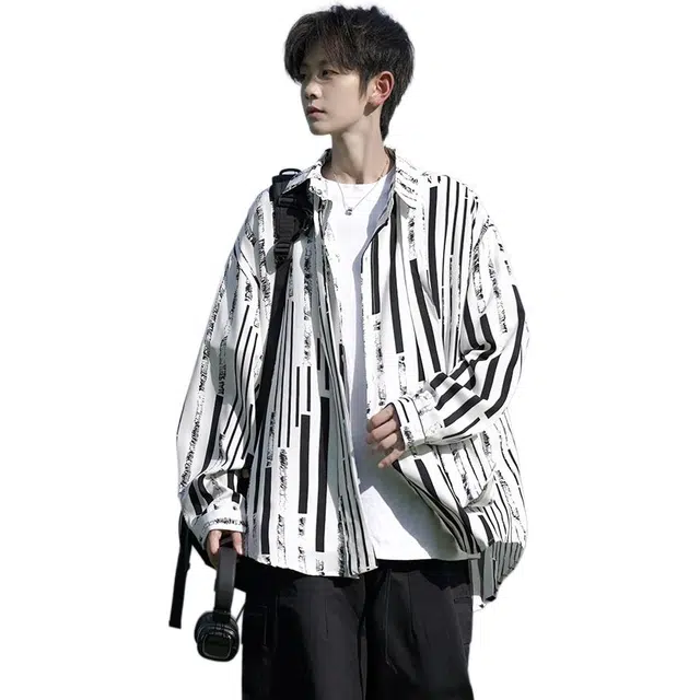 佐菲利 条纹长袖透气痞帅衬衣宽松大码高级感垂感外套衬衫 男女同款