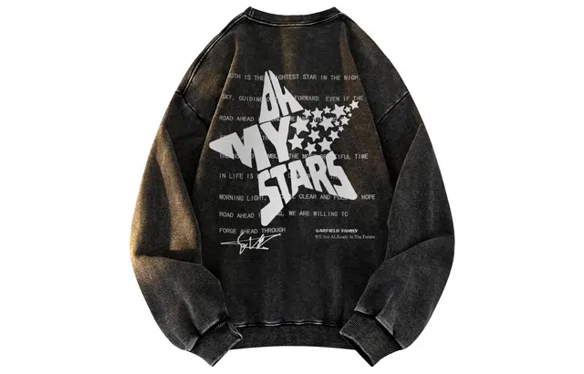 加菲猫家族 美式复古高街做旧水洗重磅质感星星字母背面印花嘻哈街头痞帅高级感潮流时尚宽松休闲百搭舒适圆领长袖卫衣 男女同款